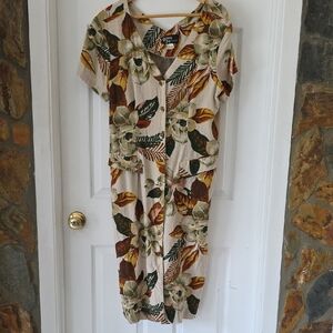 Vintage Dawn Joy Fashions Button Front, Tie Back Beachy Leaf Print Dress Size 12